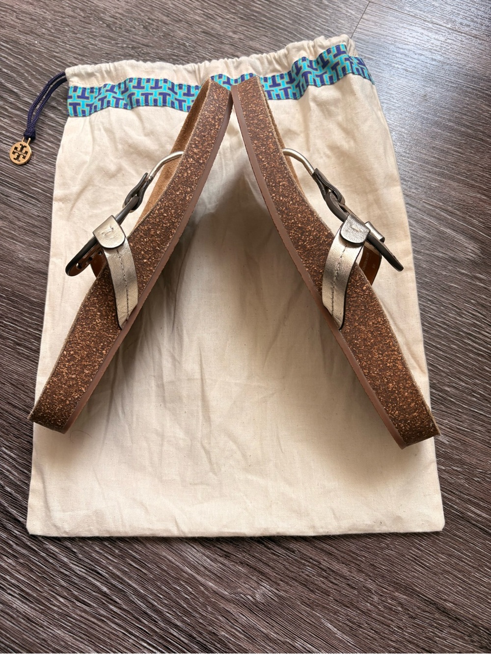 Tory Burch Metallic Gold Leather Cork Footbed Sandals
